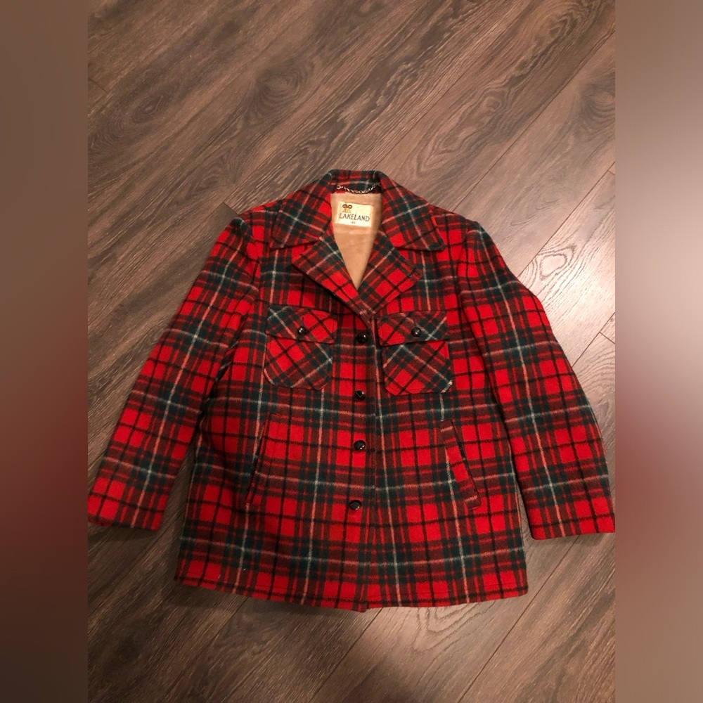 VTG Lakeland Men's Faux Fur Lined Plaid Wool Over Coat Button Closure Size 44